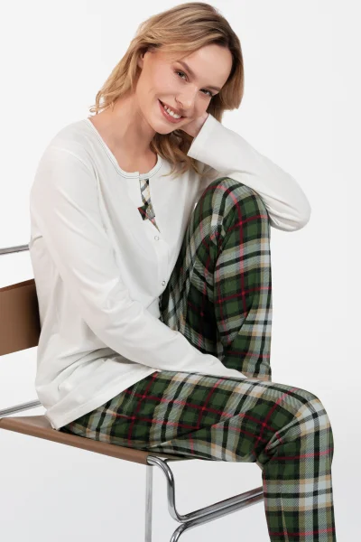 Dámské pyžamo Asama - dlouhé propínací - Ecru-zelená